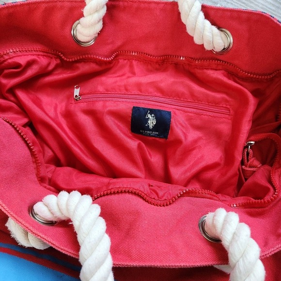 U.S. Polo Assn Cotton Red Logo Rope Handle Beach Shopper Weekend Travel Tote Bag - Picture 9 of 15
